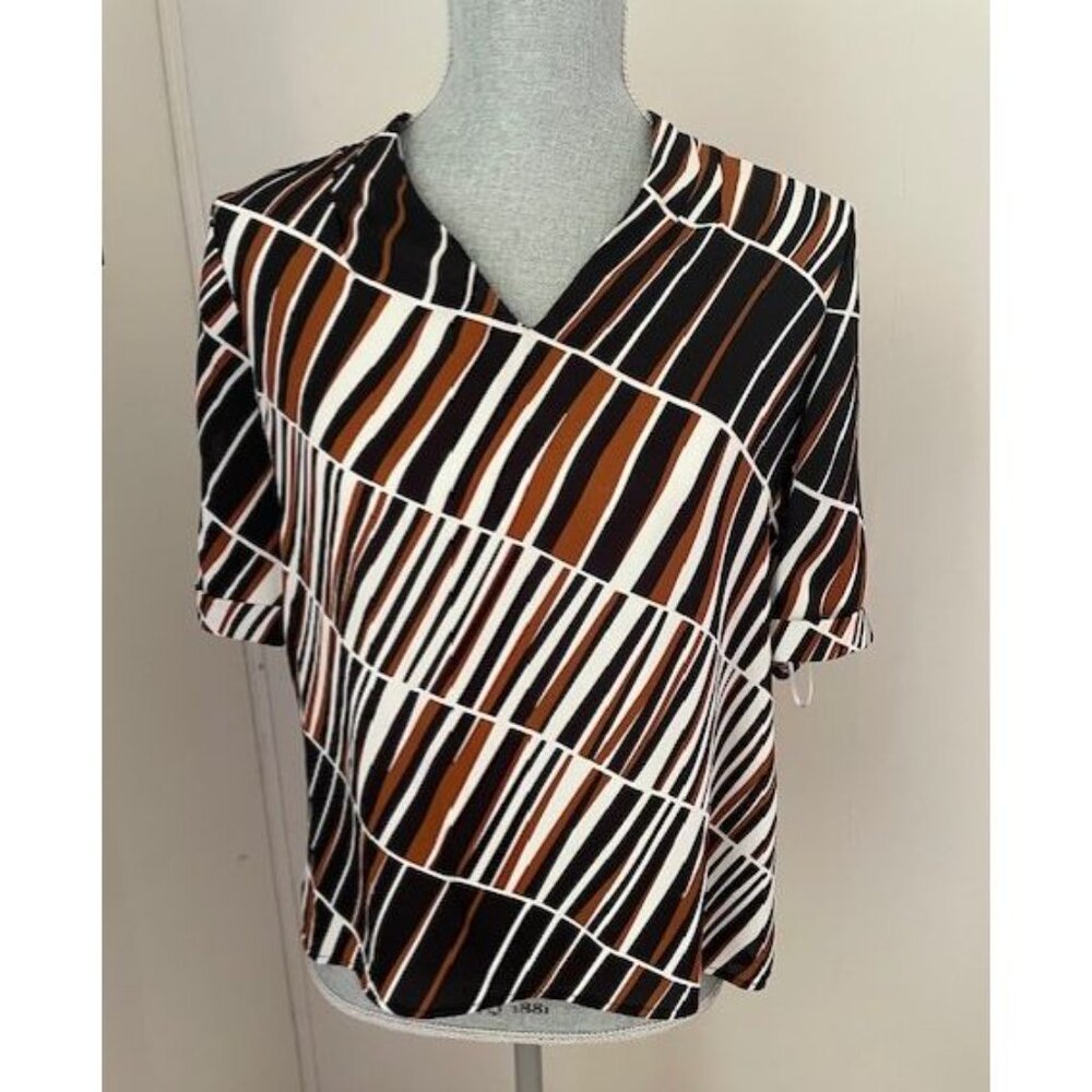 Calvin Klein Geometric Brown, Black & White Short Sleeve Blouse Size S